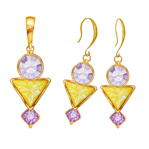 Watercolor drawing golden Pendant and earrings on white background. Beautiful fashion jewelry set. Purple round and square, yellow triangle crystal gemstone beads with gold element. — Stock Photo, Image