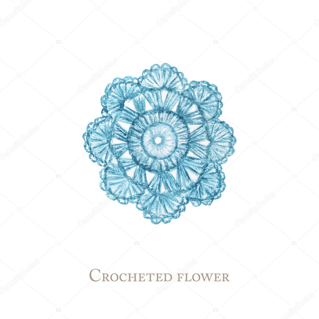 Close up Crochet light blue flower hand made concept on white background. Watercolor Hand drawn hobby Knitting and Crocheting Wool flower. Greeting card, poster concept