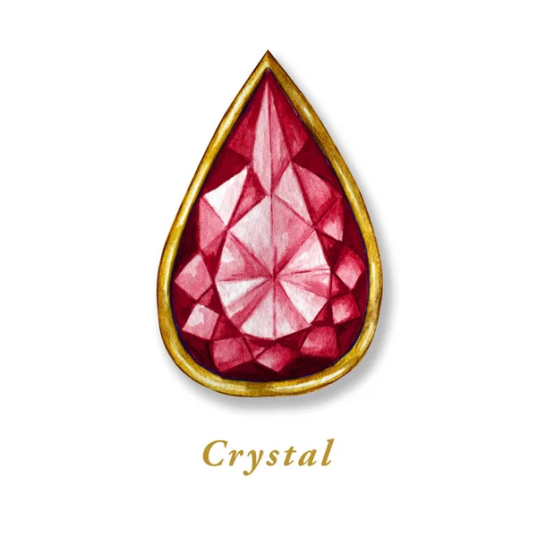 Κόκκινη σταγόνα κρύσταλλο σε ένα χρυσό πλαίσιο. Χειροποίητα διαμάντια. Απομονωμένο αντικείμενο πολυτελείας σε λευκό φόντο. Πολύχρωμο πετράδι. — Φωτογραφία Αρχείου
