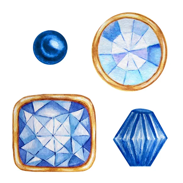 Cristal bleu dans un cadre en or et perles de bijoux. Aquarelle sertie de diamants dessinée à la main. Objet de luxe isolé sur fond blanc. Pierre précieuse pour la fabrication de bijoux à la main . — Photo