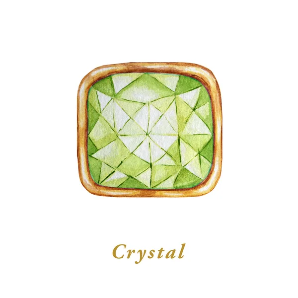 Green Square crystal in a gold frame. Hand drawn watercolor diamond. Isolated luxury object on white background. Bright color gemstone.