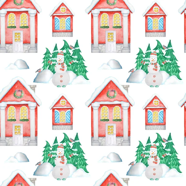 Padrão sem costura Watercolor Natal casas de inverno com janelas luminosas e neve no telhado. Árvore de Natal, boneco de neve e snowdrifts. Casa vermelha brilhante em um fundo branco. Tecido, textura de papel — Fotografia de Stock