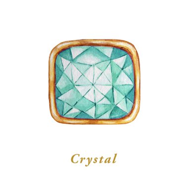 Altın bir çerçeve içinde Yeşil nane rengi Kare kristal. Elle çizilmiş suluboya elmas. Beyaz arka planda izole edilmiş lüks nesne. Parlak renkli değerli taş.