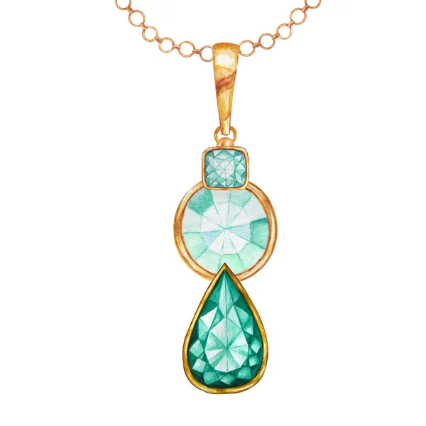 Beautiful jewelry pendant. Green emerald drop crystal and mint green square and round gemstone with gold element. Watercolor drawing Pendant with crystals on golden chain on white background. — Stock Photo, Image
