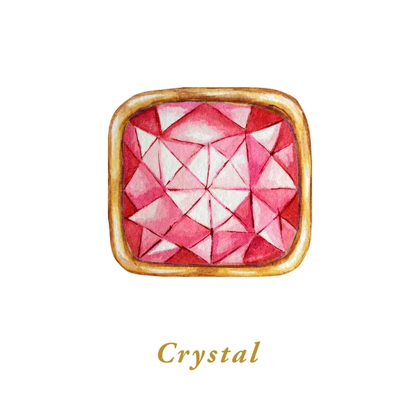 Κόκκινο τετράγωνο κρύσταλλο σε ένα χρυσό πλαίσιο. Χειροποίητα διαμάντια. Απομονωμένο αντικείμενο πολυτελείας σε λευκό φόντο. Πολύχρωμο πετράδι. — Φωτογραφία Αρχείου