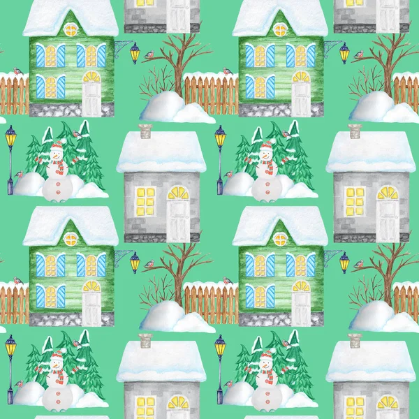 Seamless pattern Watercolor Christmas winter houses with luminous windows and snow on the roof. Christmas tree, Snowman and snowdrifts. Bright green house on a white background. Fabric, paper texture — Stock Photo, Image