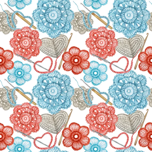 Watercolor Seamless pattern Hobby Crochet heart, bow, flower, hook, buttons on white background. Collection of hand drawn light blue, gray, red colors elements of Crocheting and knitting