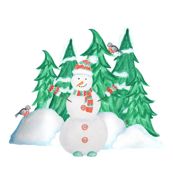 雪、雪だるまとブルフィンチの鳥のカップルと雪のドリフトと冬の装飾的なクリスマスツリー。正面図、矢印ヘッド。水彩グリーティングカード、テキスト用コピースペース付きポスターコンセプト. — ストック写真
