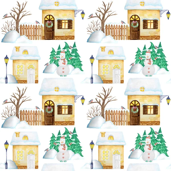 Padrão sem costura Watercolor Natal casas de inverno com janelas luminosas e neve no telhado. Árvore de Natal, boneco de neve e snowdrifts. Casa amarela brilhante em um fundo branco. Tecido, textura de papel — Fotografia de Stock