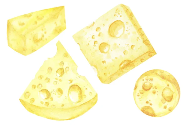 Dibujo de acuarela pieza de conjunto triangular de queso amarillo. Comida favorita del ratón. Árbol de Navidad con queso. Ilustración sobre fondo blanco — Foto de Stock