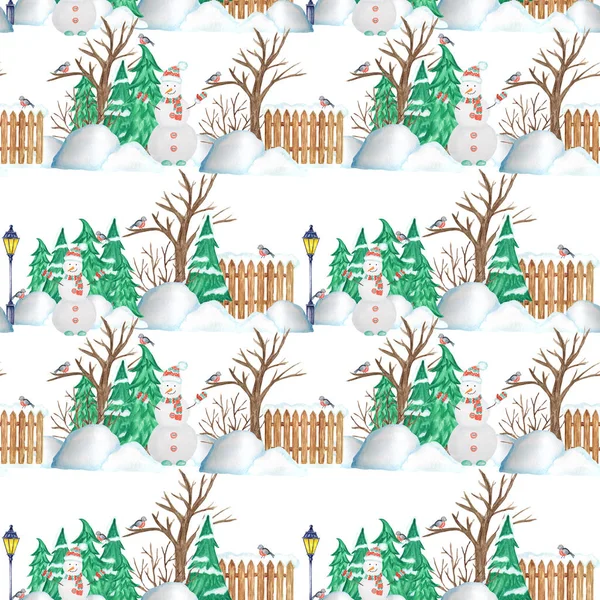 Padrão sem emenda árvore de Natal de Ano Novo, cerca, lâmpada de rua e boneco de neve no fundo branco. Design de textura de papel vintage desenhado à mão. Aquarela Inverno natureza ilustração — Fotografia de Stock