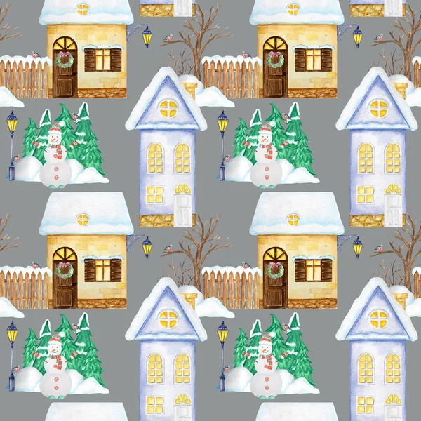 Naadloze patroon aquarel Kerst Winter huizen met lichtgevende ramen en sneeuw op het dak. Kerstboom, sneeuwpop en snowdrifts. Helder geel huis op een witte achtergrond. Stof, papier textuur — Stockfoto