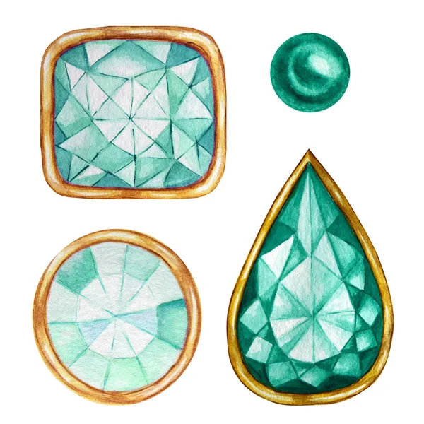 Πράσινη μέντα κρύσταλλο σε ένα χρυσό πλαίσιο και χάντρες κοσμήματα. Χειροποίητα διαμάντια. Απομονωμένο αντικείμενο πολυτελείας σε λευκό φόντο. Πετράδι για χειροποίητη κατασκευή κοσμημάτων. — Φωτογραφία Αρχείου