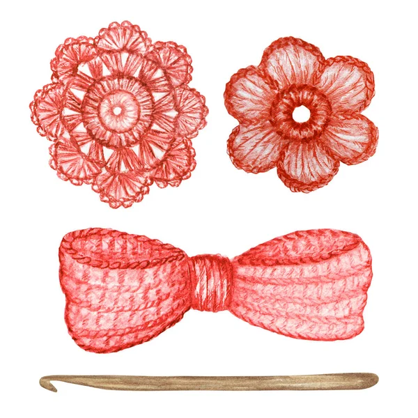 Fermer Crochet arc rouge, fleur, crochet concept fait main sur fond blanc. Aquarelle Hobby dessiné à la main Tricot et crochet ensemble d'outils . — Photo