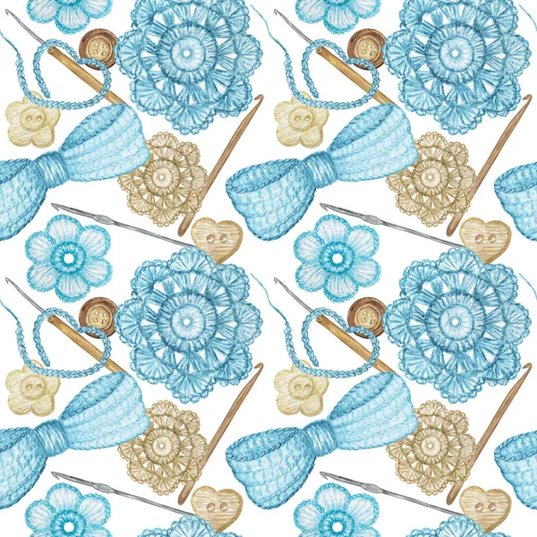 Watercolor Seamless pattern Hobby Crochet heart, bow, flower, hook, buttons on white background. Collection of hand drawn light blue, gray colors elements of Crocheting and knitting