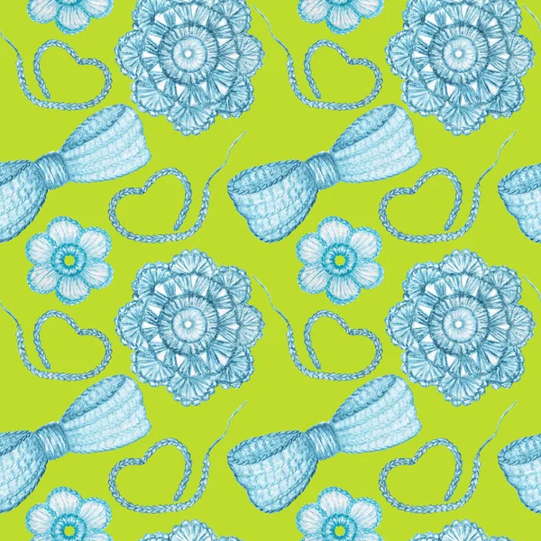 Watercolor Seamless pattern Hobby Crochet heart, bow, flower on green background. Collection of hand drawn light blue colors elements of Crocheting and knitting
