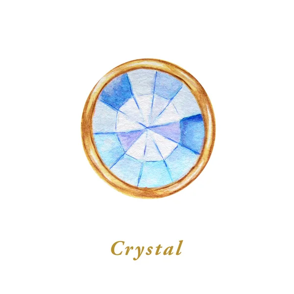 Блакитний круглий кристал у золотій рамці. Рука намальована акварельним діамантом. Ізольований розкішний об'єкт на білому тлі. Яскравий кольоровий камінь . — стокове фото
