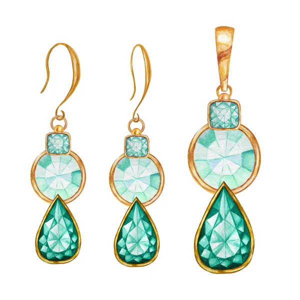 Goutte de menthe verte, carré, perles de pierre gemme en cristal rond avec élément d'or. Aquarelle dessin pendentif doré et boucles d'oreilles sur fond blanc. Magnifique ensemble bijoux . — Photo