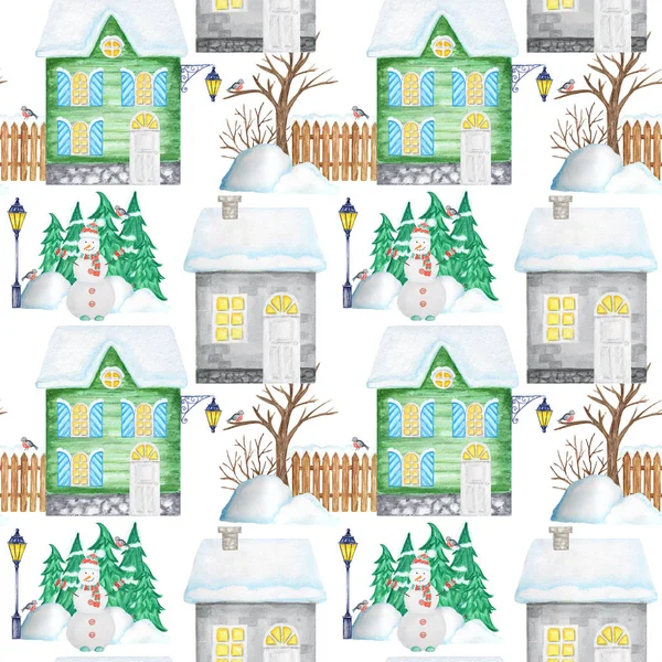 Naadloze patroon aquarel Kerst Winter huizen met lichtgevende ramen en sneeuw op het dak. Kerstboom, sneeuwpop en snowdrifts. Helder groen huis op een witte achtergrond. Stof, papier textuur — Stockfoto