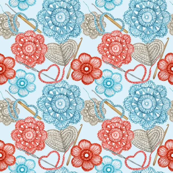 Watercolor Seamless pattern Hobby Crochet heart, bow, flower, hook, buttons on blue background. Collection of hand drawn light blue, gray, red colors elements of Crocheting and knitting — Stock Photo, Image