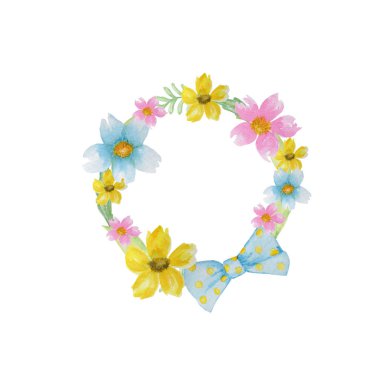 Güzel parlak renkler suluboya bahar çiçekleri çerçeve. Yeşil yapraklı Paskalya Sarısı mavi çiçek, beyaz arka plan üzerinde yay kompozisyon. Tebrik kartı, poster, metin için kopya alanı ile afiş kavramı.