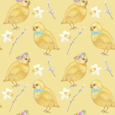 Dikişsiz Paskalya desen Suluboya el sarı chiken, Bahar çiçekleri, söğüt, yay çizilmiş. Renkli kuş, sarı arka planda chikens bebek. Davetiye, poster, kart, kumaş, doku için tasarım.