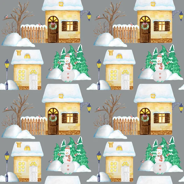 Seamless pattern Watercolor Christmas winter houses with luminous windows and snow on the roof. Christmas tree, Snowman and snowdrifts. Bright yellow house on a gray background. Fabric, paper texture — Stock Photo, Image