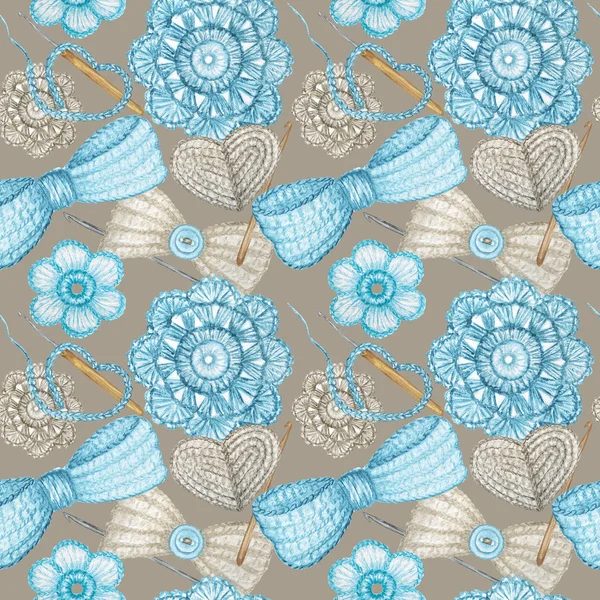 Watercolor Seamless pattern Hobby Crochet heart, bow, flower, hook, buttons on gray background. Collection of hand drawn light blue, gray colors elements of Crocheting and knitting