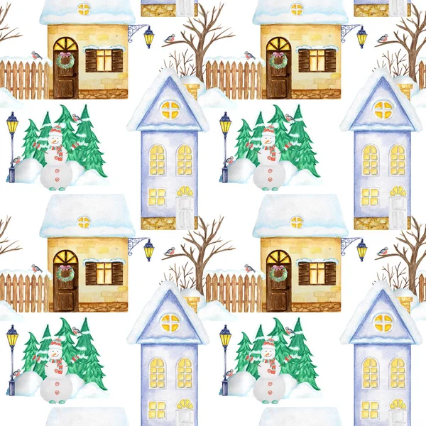 Безшовний візерунок аквареллю різдвяні зимові будиночки з світяться вікнами і снігом на даху. Різдвяна ялинка, сніговик і снігові замети. Яскраво-жовтий будинок на білому фоні. Тканина, текстура паперу — стокове фото
