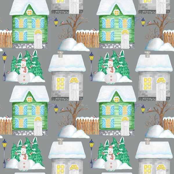 Padrão sem costura Watercolor Natal casas de inverno com janelas luminosas e neve no telhado. Árvore de Natal, boneco de neve e snowdrifts. Casa verde brilhante em um fundo cinza. Tecido, textura de papel — Fotografia de Stock