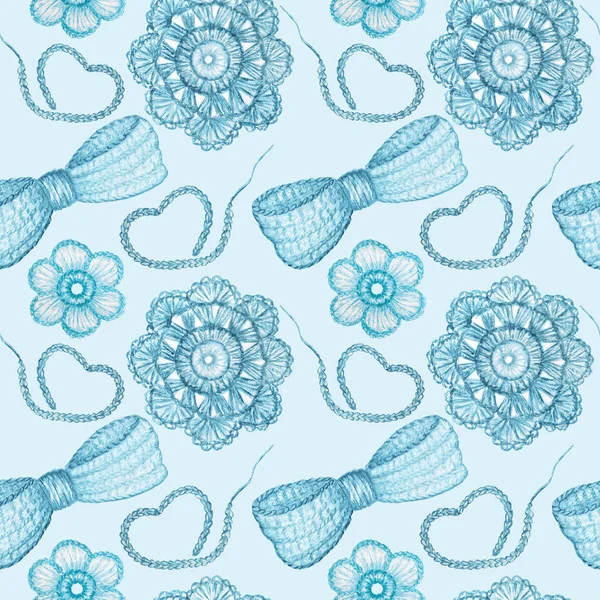 Watercolor Seamless pattern Hobby Crochet heart, bow, flower on blue background. Collection of hand drawn light blue colors elements of Crocheting and knitting