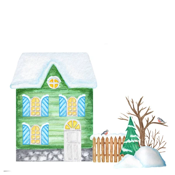 Groene cartoon winter huis met houten hek en Goudvink vogel paar, snowdrifts, kerstboom. Vooraanzicht. Aquarel Nieuwjaar wenskaart, poster, banner concept met Kopieer ruimte voor tekst. — Stockfoto