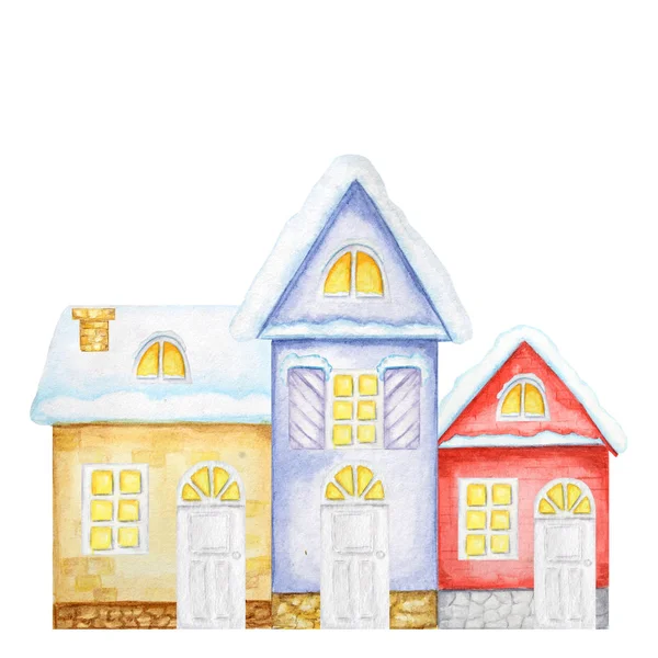 漫画冬のクリスマスハウス。赤、黄色、青の家のフロントビュー。水彩新年挨拶カード、ポスター、テキストのためのコピースペースとバナーコンセプト. — ストック写真