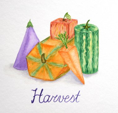 Suluboya kabartmalı kağıda tebrik kartı ekleyin. Beyaz arka planda el yazması harflerle çizilmiş geometrik şekiller şeklinde parlak sonbahar sebzeleri. Metin ile poster konsepti.