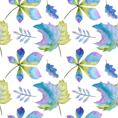 Kusursuz desenli Suluboya Parlak Sonbahar yaprakları. Beyaz arka planda yeşil, mavi ve mor renkler El çizimi sonbahar yaprağı. Kağıt, kumaş dokusu. Tebrik kartı Posteri konsepti