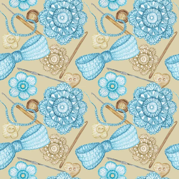 Watercolor Seamless pattern Hobby Crochet heart, bow, flower, hook, buttons on gray background. Collection of hand drawn light blue, gray colors elements of Crocheting and knitting