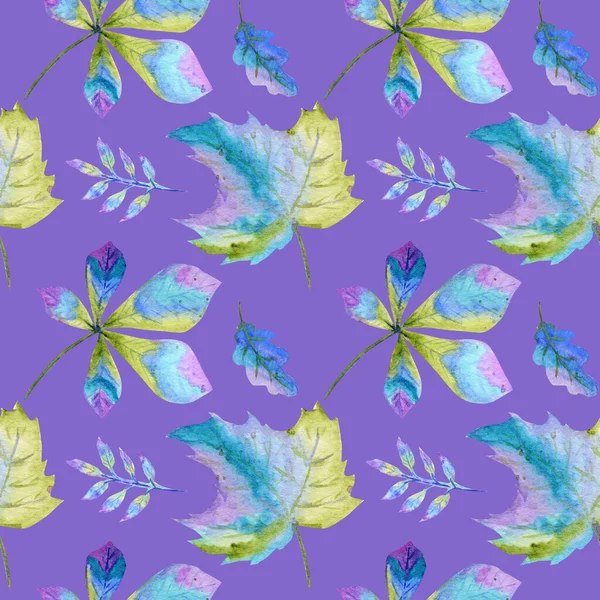 Απρόσκοπτη μοτίβο Υδατογραφία Λαμπερά φθινοπωρινά φύλλα. Πράσινο, μπλε και μοβ χρώματα Χέρι Σχεδιασμένο Φθινοπωρινό φύλλο σε μωβ φόντο. Χαρτί, υφασμάτινη υφή. Έννοια αφίσας ευχετήριων καρτών — Φωτογραφία Αρχείου