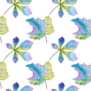 Kusursuz desenli Suluboya Parlak Sonbahar yaprakları. Beyaz arka planda yeşil, mavi ve mor renkler El çizimi sonbahar yaprağı. Kağıt, kumaş dokusu. Tebrik kartı Posteri konsepti