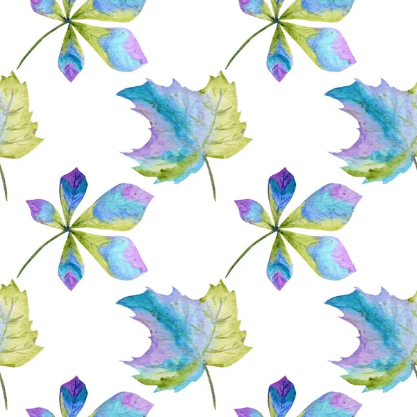 Seamless pattern Watercolor Bright Autumn leaves. Green, blue and purple colors Hand Drawn Autumn leaf on a white background. Paper, fabric texture. Greeting card Poster concept