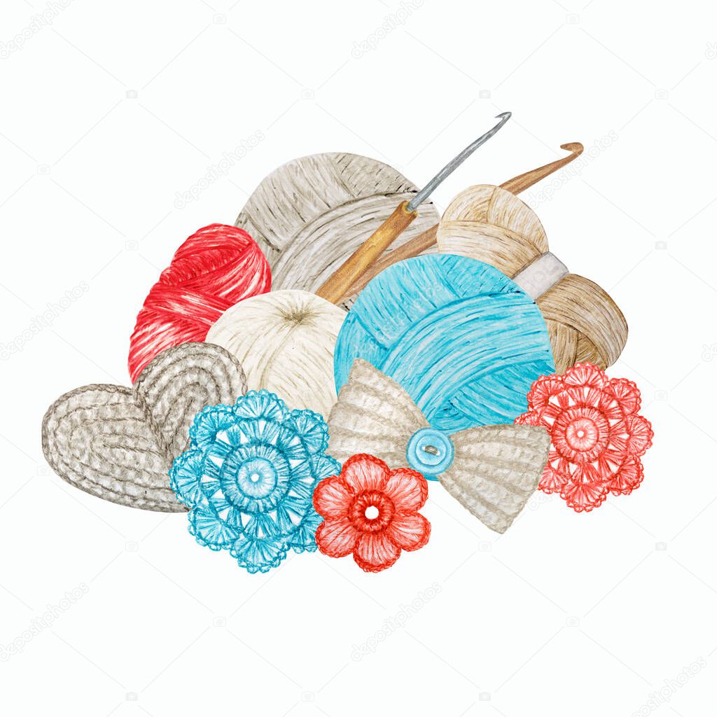 Blue red gray beige Crochet Shop Logotype, Branding, Avatar composition of hooks, yarns, crocheted heart, bow, flowers. Illustration for handmade or Crocheting with Ball of yarn icons, Hobby Logo.