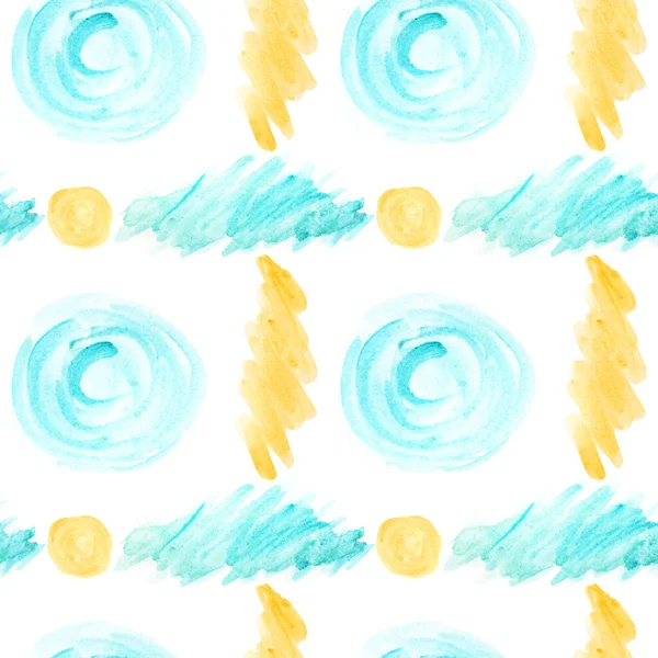 Patrón sin costuras Abstracto pincel acuarela elementos de forma círculo azul y amarillo sobre fondo blanco. Mancha de acuarela pintada dibujo a mano . —  Fotos de Stock