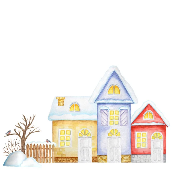 Cartoon Winter Huis met houten hek en Bullfinch vogel paar, sneeuwvlokken. Vooraanzicht. Aquarel Nieuwjaar wenskaart, poster, banner concept met kopieerruimte voor tekst. Rood-groene gele huizen — Stockfoto
