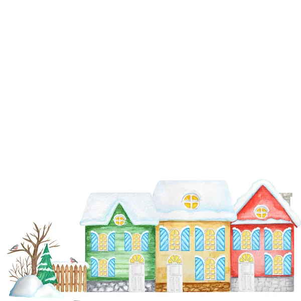 Cartoon Winter House met houten hek en Bullfinch vogel paar, sneeuwvlokken, kerstboom. Vooraanzicht. Aquarel Nieuwjaar wenskaart, poster, banner concept met kopieerruimte voor tekst. — Stockfoto