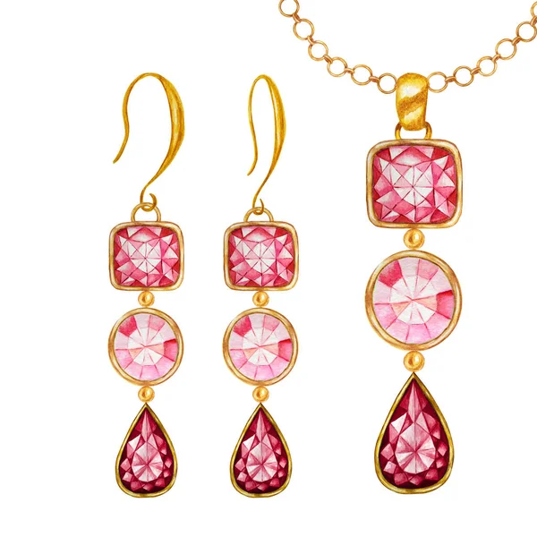 Red drop, square, round crystal gemstone beads with gold element. Watercolor drawing golden Pendant and earrings on white background. Beautiful hand drawn jewelry set. — Stock Photo, Image