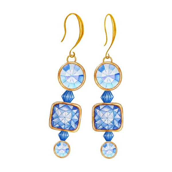 Beautiful jewelry earrings. Blue square and round gemstone with gold element. Watercolor drawing earrings with crystals on golden chain on white background. — ストック写真
