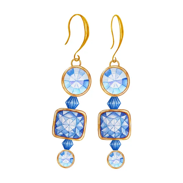 Belles boucles d'oreilles bijoux. Pierre bleue carrée et ronde avec élément doré. Boucles d'oreilles dessin aquarelle avec cristaux sur chaîne dorée sur fond blanc . — Photo