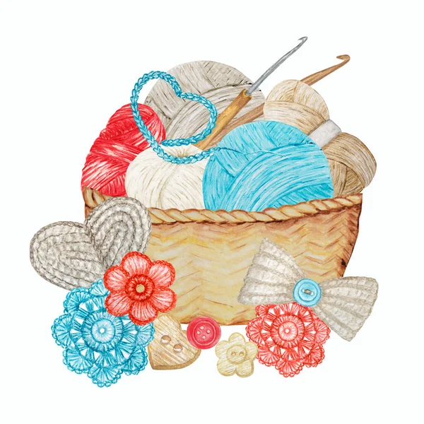 Сине-красный и бежевый Crochet Shop Logots, Branding, Avon композиция из крючков, пряжи, вязаного сердца, банта, цветов. Логотип хобби. Иллюстрация для ручной работы или вязания с помощью иконок пряжи — стоковое фото