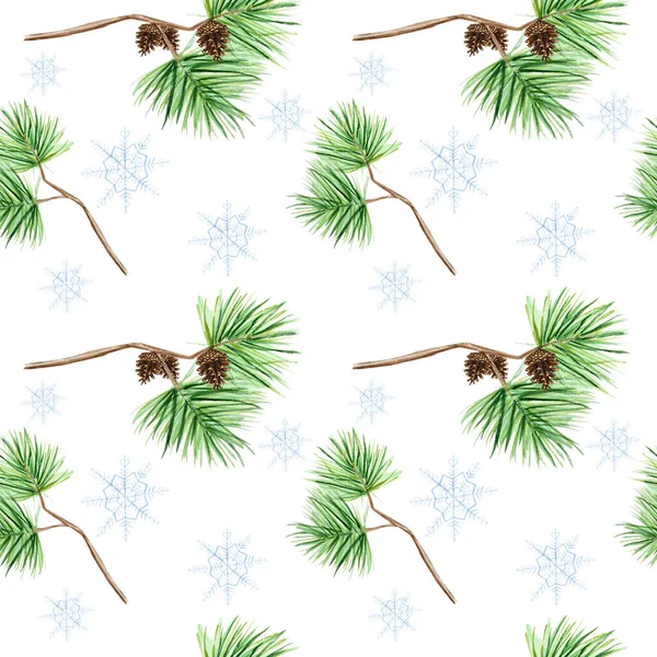 松の枝やコーンのシームレスなパターン、白い背景の針、水彩手描き、デザインのための装飾的な植物のコンセプトイラスト、クリスマスのテクスチャ、ファブリック、紙 — ストック写真