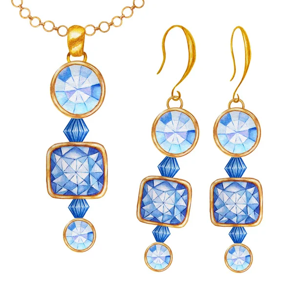 Blue square, round crystal gemstone beads with gold element. Watercolor drawing golden Pendant on chain and earrings on white background. Beautiful hand drawn jewelry set. — ストック写真