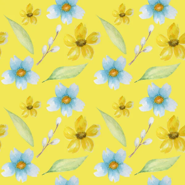 Padrão de Páscoa sem costura Belas cores brilhantes flores aquarela. Primavera Amarelo flor azul com folha verde, salgueiro no fundo amarelo. Design para convite, cartaz, cartão, tecido, textura — Fotografia de Stock